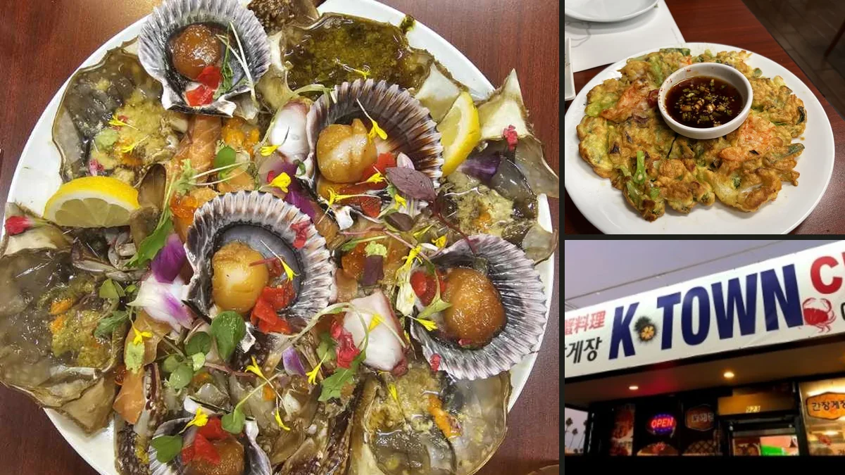 Seafood dishes on a casual restaurant table.