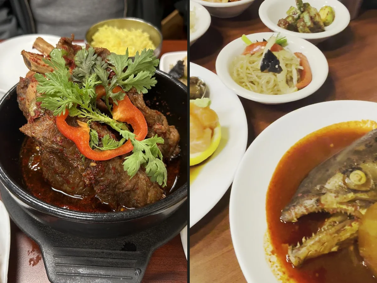 Seafood dishes on a casual restaurant table.