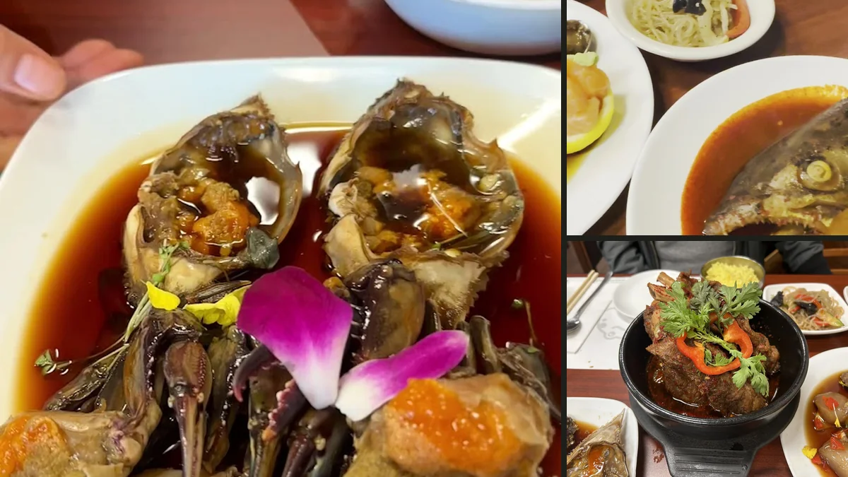 Korean seafood stew beside rice and sides.